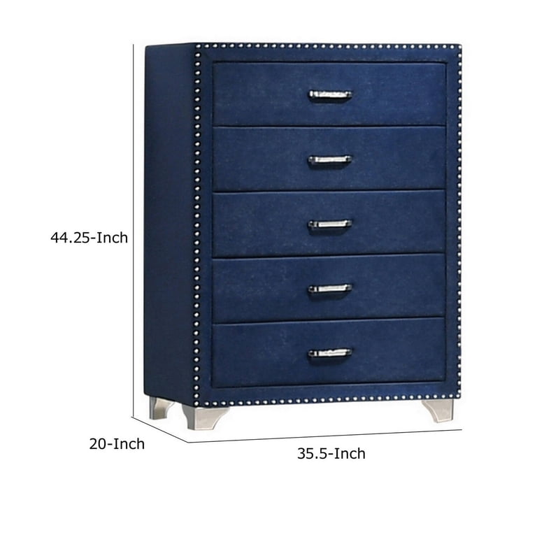 Benjara Cale 44 Inch Modern Glam Tall 5 Drawer Dresser Chest, Nailhead,  Blue Velvet - Walmart.com