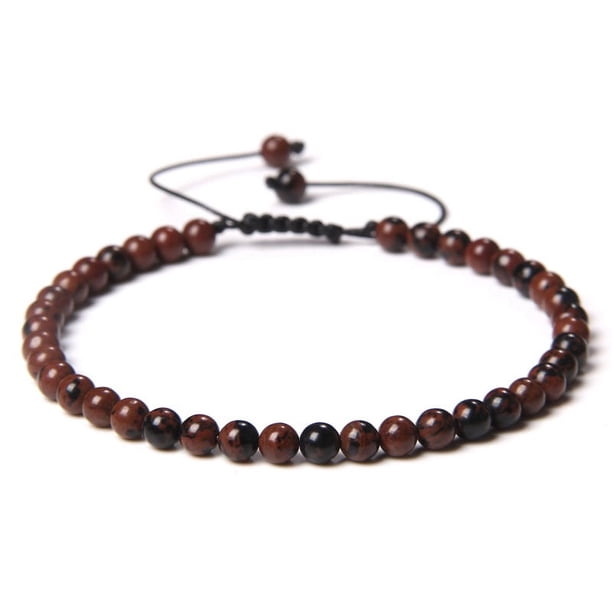 Nvzi Pulsera de cuentas hecha a mano, pulsera de cuentas finas de 4 mm tejida con cuentas de piedra natural ajustables, pulsera hecha a mano (roja y negra)