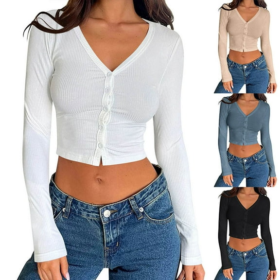 ATOYSOY Women's V Neck Button Sweatshirts Knitted Sweaters Slim Cropped Tops Casual Ribbed Shirts Fashion Outwear Long Sleeve Jackets Fall Winter Cardigan Black L