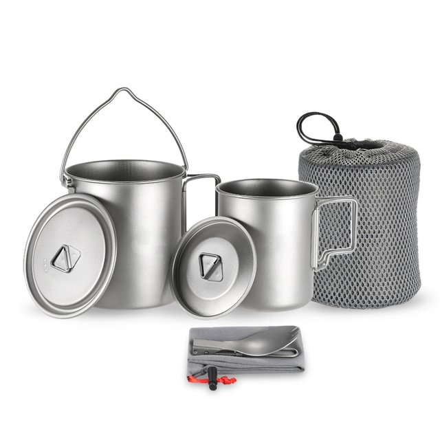 Taza al aire libre Irfora Juego de 3 piezas de titanio ligero Titanio 750 ml Olla Taza de agua de 450 ml con tapa Mango plegable Spork plegable para acampar al aire libre Senderismo Mochilero Irfora Taza al aire libre