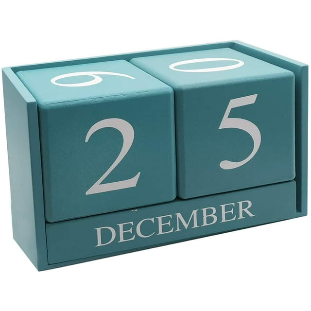 Wooden Desk Blocks Calendar - Perpetual Block Month Date Display Home Office Decoration-Blue