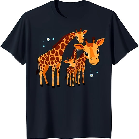 Adorable Family of Giraffes Graphic on Black T-Shirt for Animal Lovers