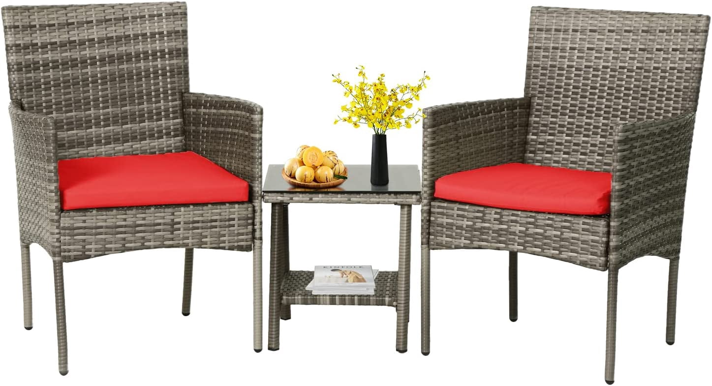 FDW 2-Piece Rattan Outdoor Conversation Sets with Thick Cushions, Gray/Red