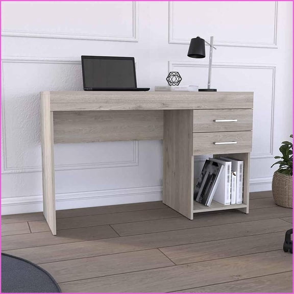 Desks | Modern Computer Desk with Two Drawers & Lower Shelf, 47.2 Inches Wide Light Gray | Particle Board