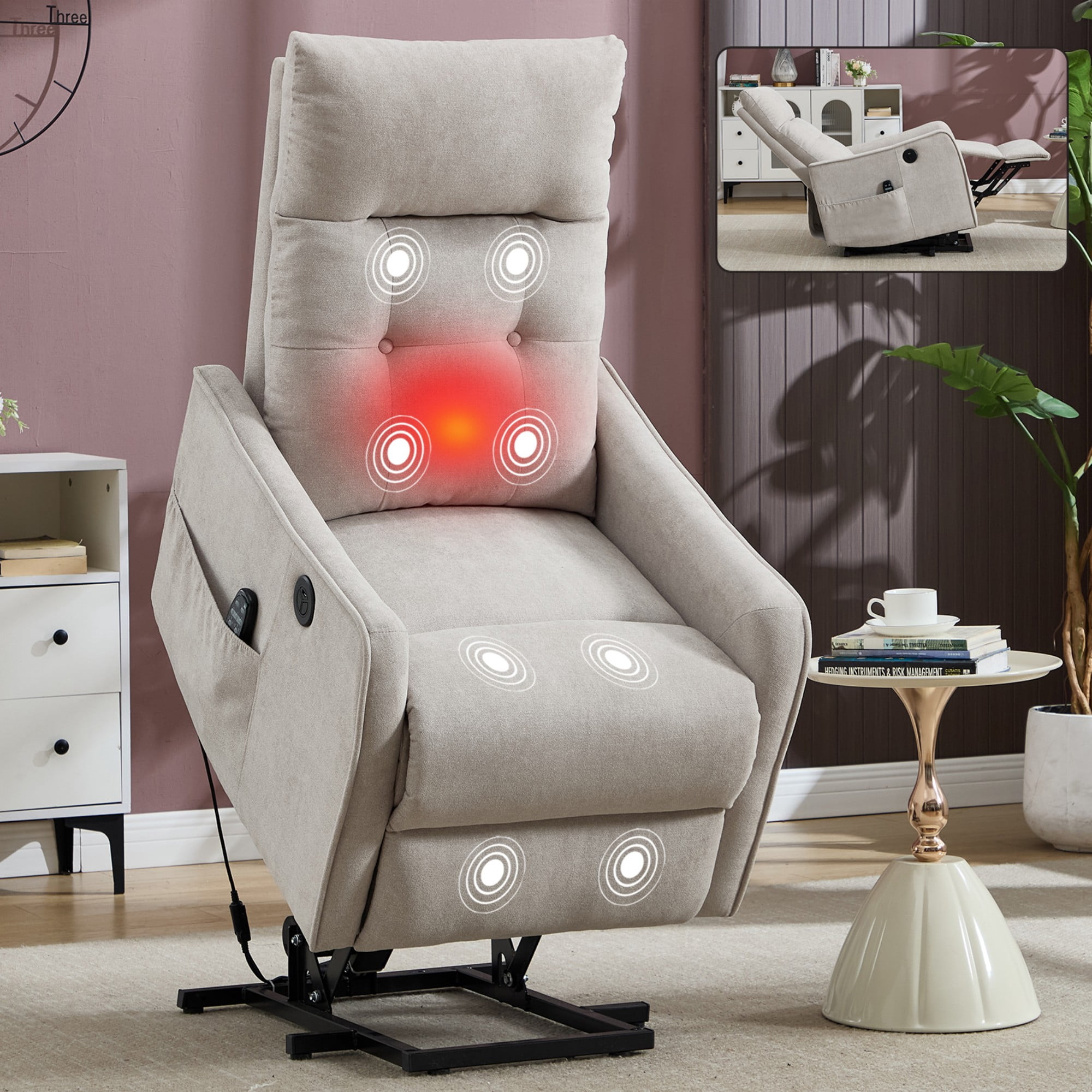 BSHTI Chenille Power Lift Recliner Chair with Vibration Massage, Lumbar Heat, USB Charging for Living Room(Beige)