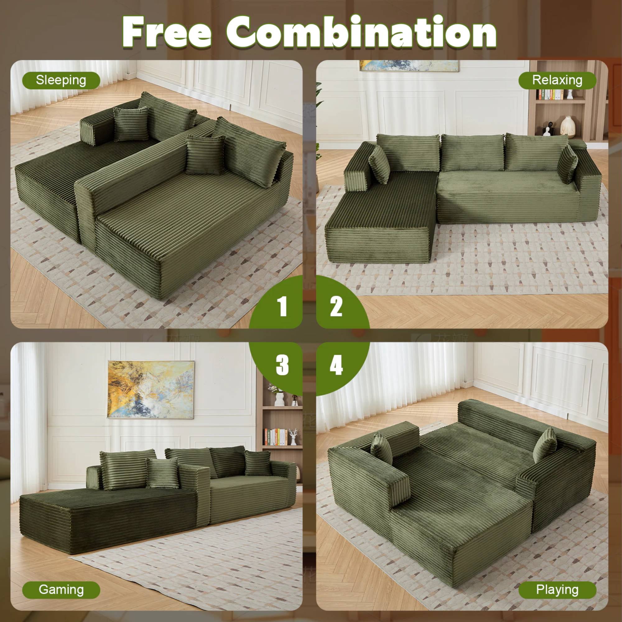 110" Cloud Sectional Couch with Chaise,Modern L-Shape Modular Sofa Corduroy Sleeper Couches for Living Room, Green