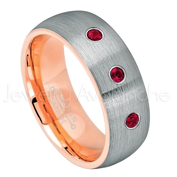 2-Tone Dome Rose Gold Inner Tungsten Ring - 0.21ctw Ruby 3-stone Band - Personalized Tungsten Wedding Ring - Custom Made July Birthstone Ring TN737BS
