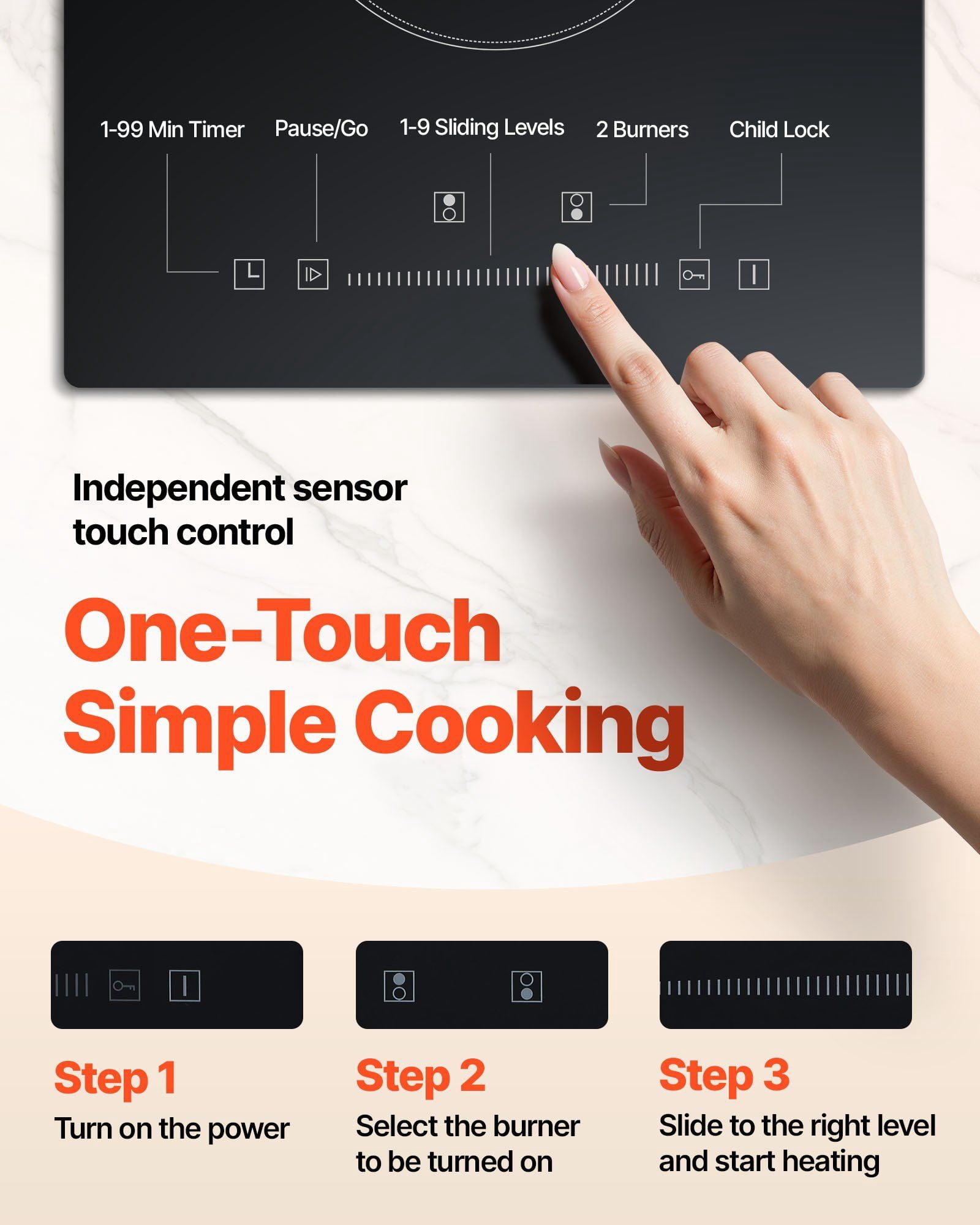 Built in Electric Stove Top 20 x 11.6 Inch 2 Burners 240V Glass Radiant Cooktop with Sensor Touch Control Timer Child Lock 9 Power Levels for Simmer Steam Slow Cook Fry