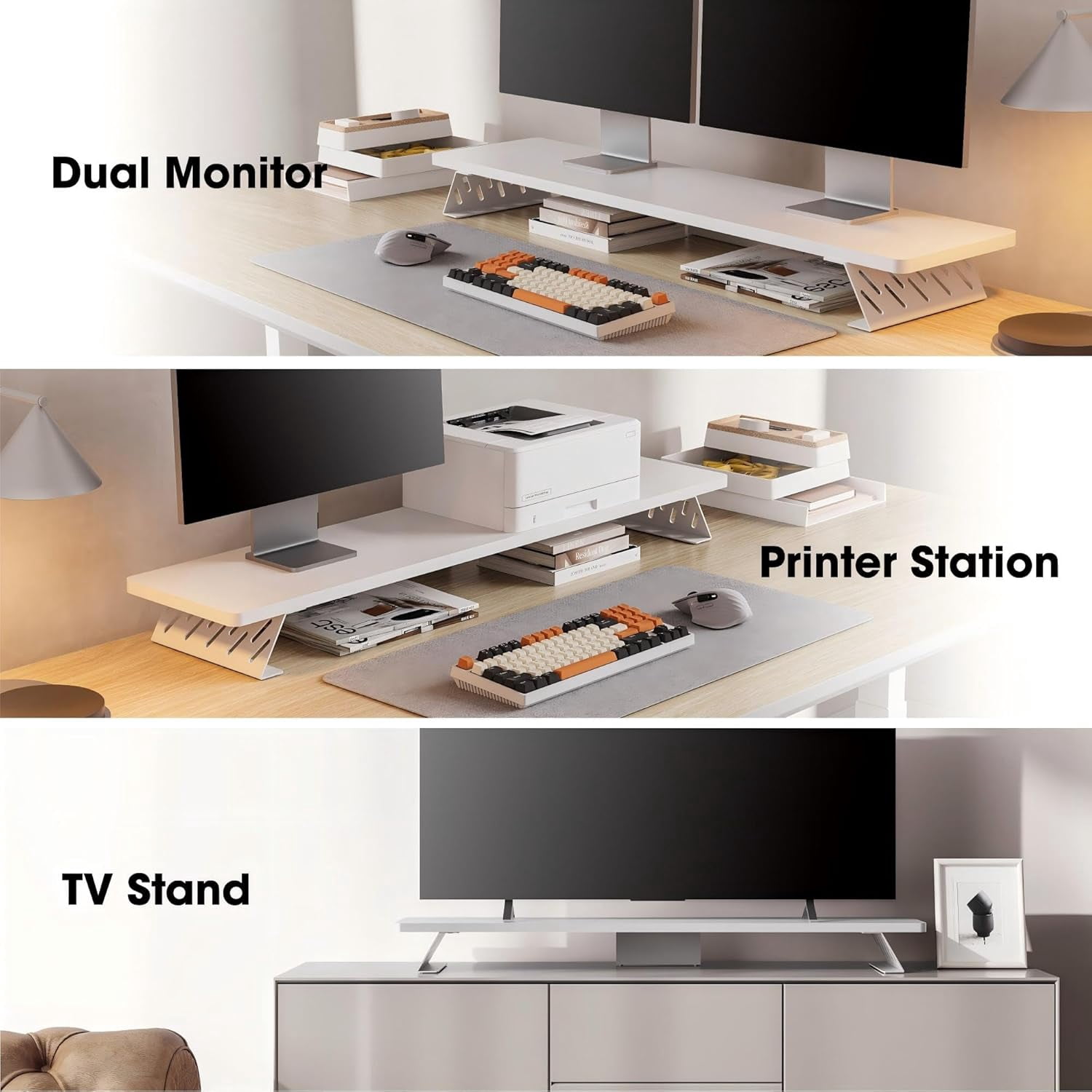 Wood and Steel Dual Monitor Stand Riser for Desktop, Laptop, PC, and Printer
