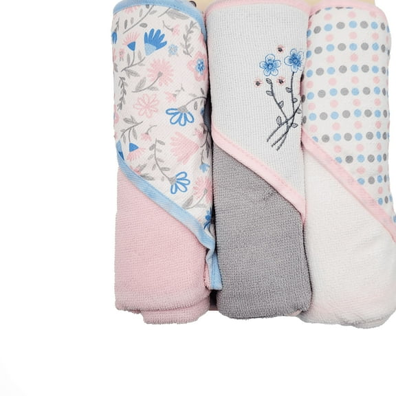 Buttons & Stitches Baby Girl 3 Pack Rolled/Carded Hooded Towels in Fresh Florals Print, GS71768