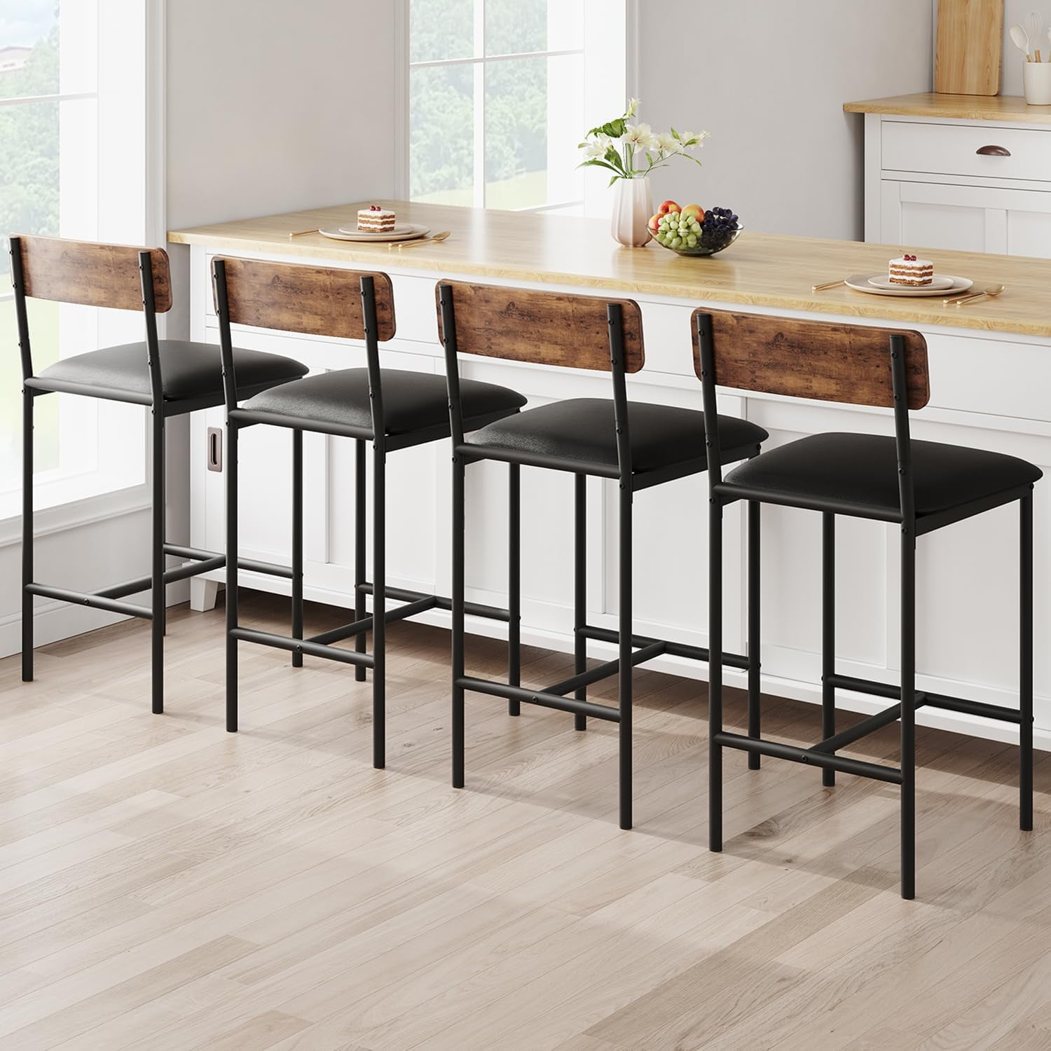 COZONY Barstools Set of 2, 37"H PU Upholstered Counter Bar Stools, Modern Armless Back Chairs, Kitchen, Living Room, Apartment, Dining Room, Pub, Retro Brown