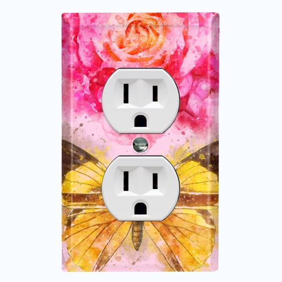 Metal Light Switch Plate Outlet Cover Pink Rose Flower Butterfly ROS003