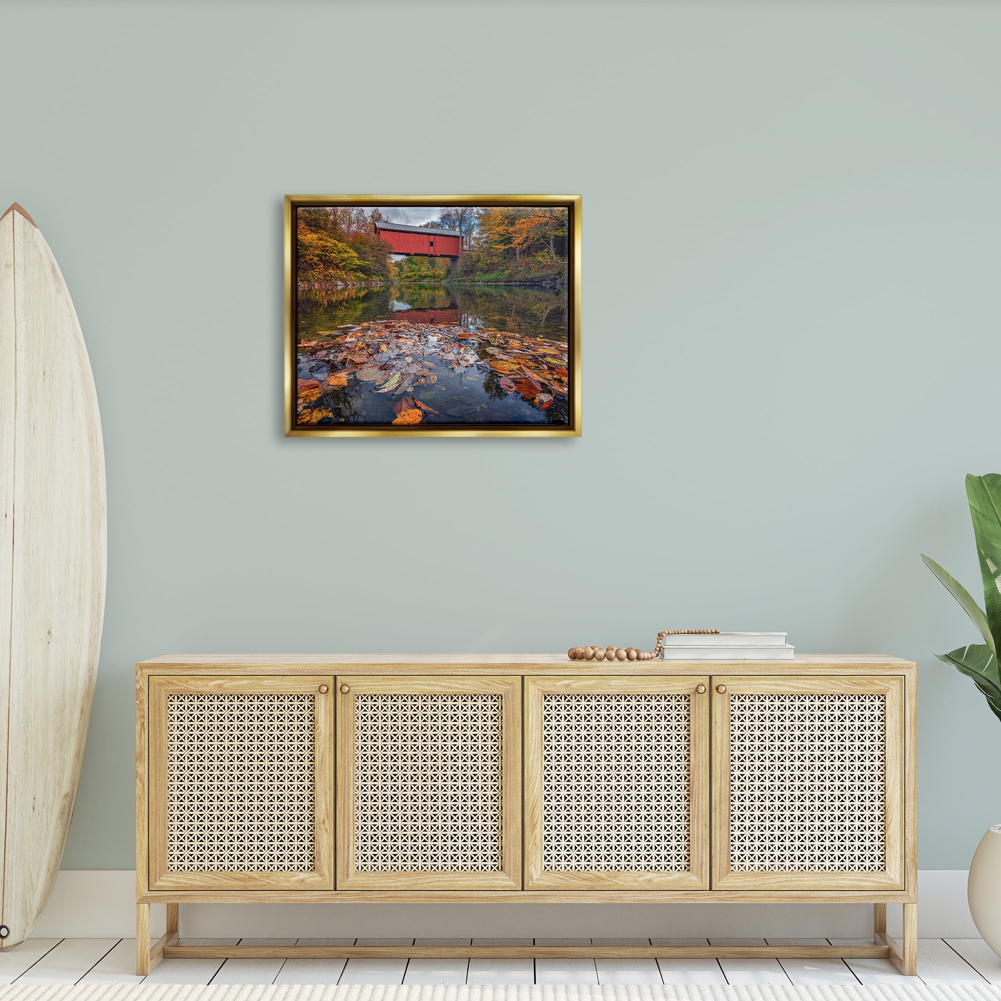 Stupell Autumnal Foliage River Bridge Landscape Photography Gold Floater Framed Art Print Wall Art