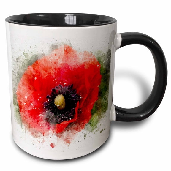 3drose, Image of Watercolor Red Poppy Flower Art, 15oz Two-tone Black Mug
