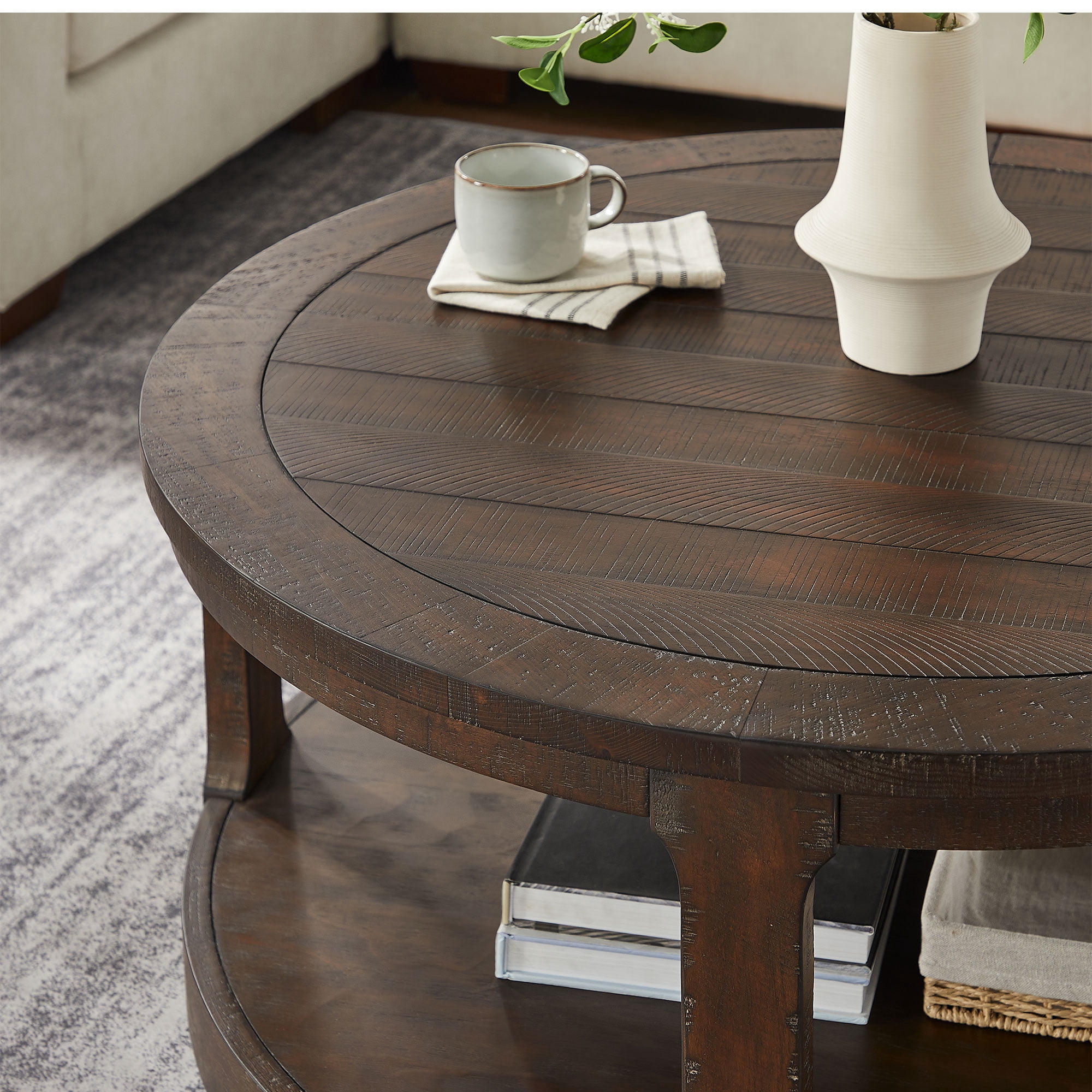 Kevinplus 40“ Mid Century 2 Tier Round Wooden Center Coffee Table with Wheels for living Room, Office, Apartment,Brown