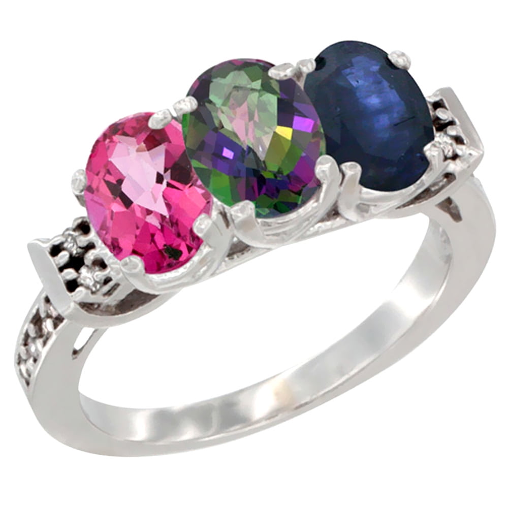 14K White Gold Natural Pink Topaz, Mystic Topaz & Blue Sapphire Ring 3-Stone 7x5 mm Oval Diamond Accent, sizes 5 10 by WorldJewels