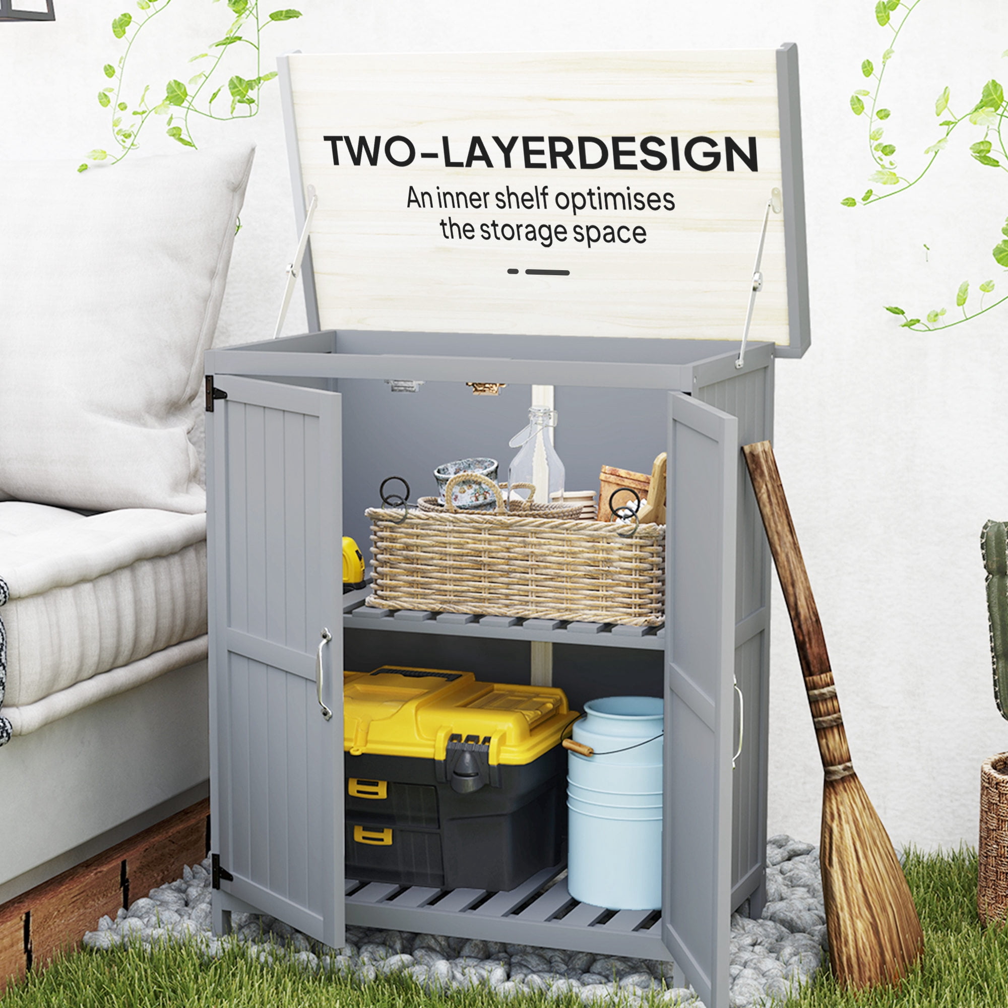 Outsunny Outdoor Garden Shed, Wooden Backyard Shed with Metal Tabletop, Shelf and 2 Doors for Patio, Lawn, Gray