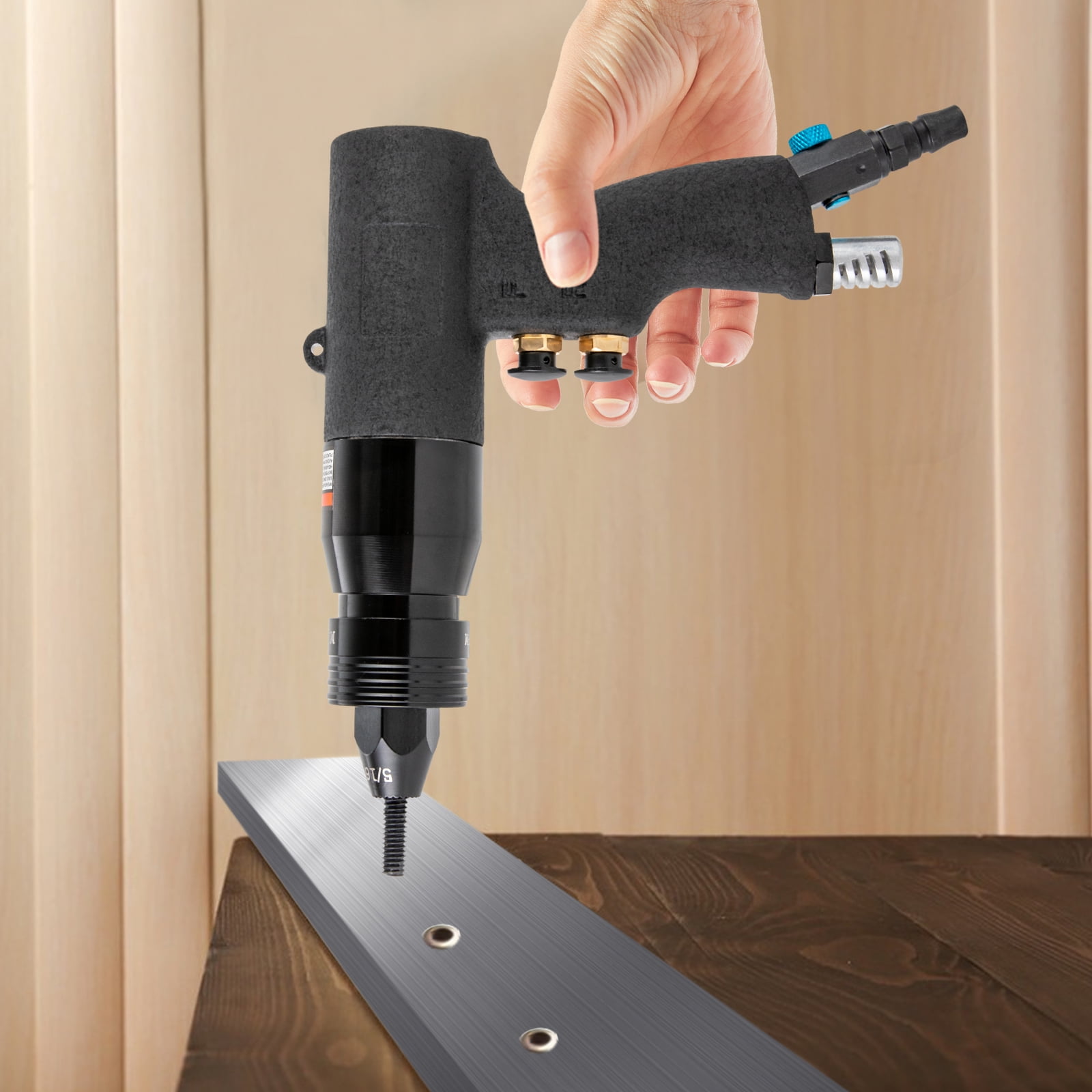 Dwellnix Air-Powered Rivet Gun, Adjustable Speed, Forward and Reverse Functions, 10-24", 1/4", 5/16", 3/8 Gun Heads, Dustproof, Silenced Exhaust, Durable and Compact Design