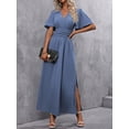 thumbnail image 6 of Dusty Blue V-Neck Butterfly Sleeve High Slit Maxi Dress For Women, 6 of 7