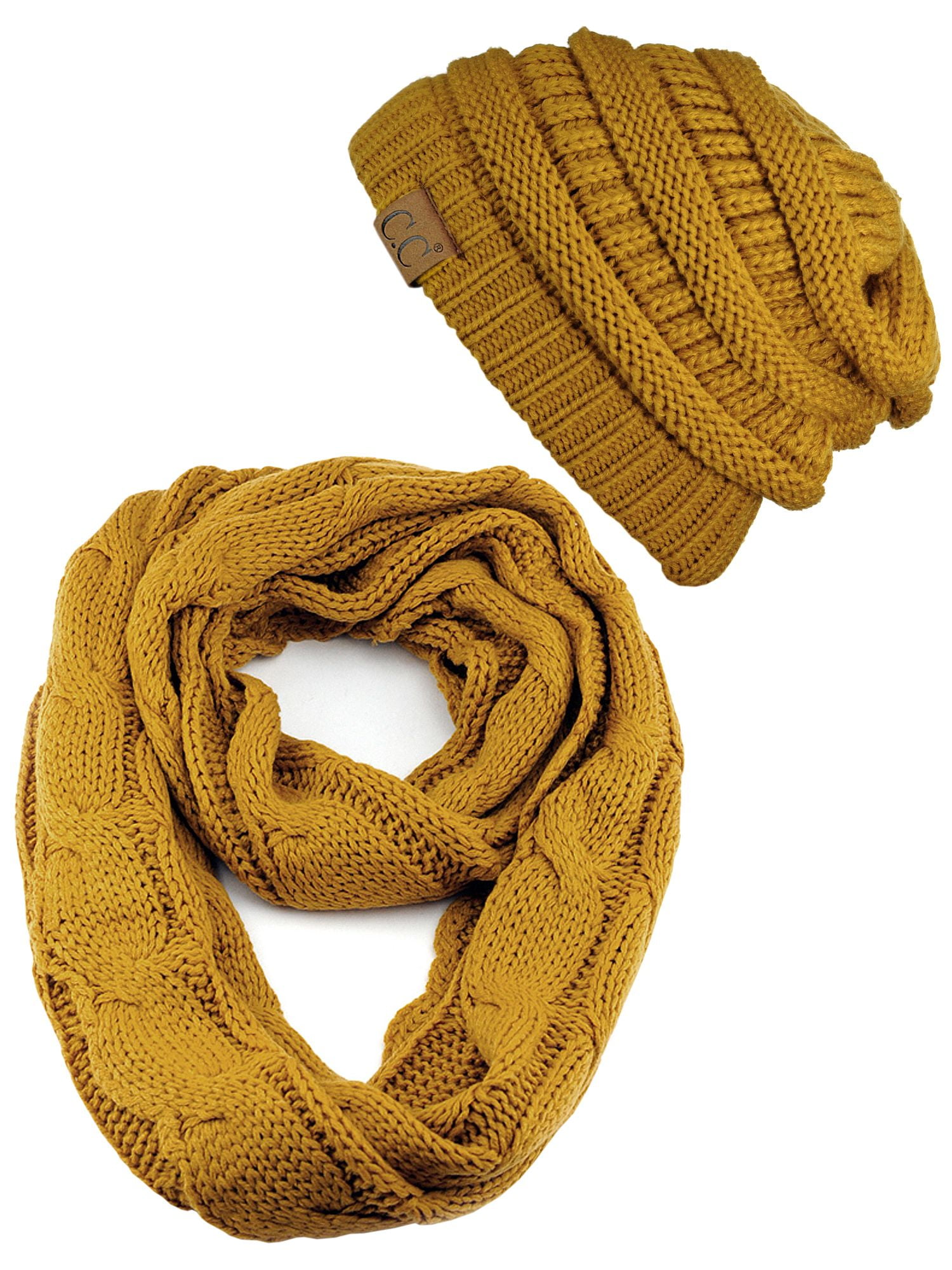 CC Set Soft Chenille Chunky Knit Stretchy Beanie w Scarf Infinity Loop Hat 