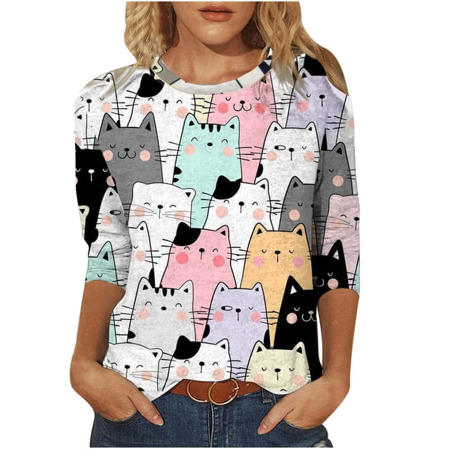 TopLLC Sweat-Shirt à Col Rond pour Femmes Manches 3/4 Décontracté Automne Imprimé Chat Animal Blouse Surdimensionnée S-2TG