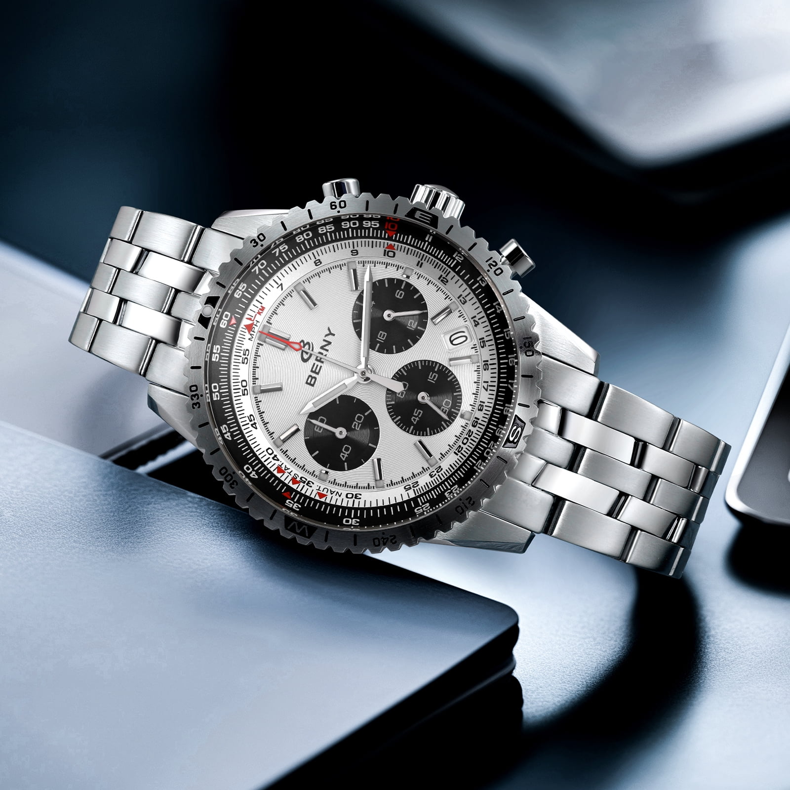 BERNY Silver Chronograph Watches for Men, Sport Luxury Analog Quartz Watch with Tachymeter, Stainless Steel, Waterproof, Luminous, Sapphire Crystal, Date Calender, Men's Wristwatch (White)