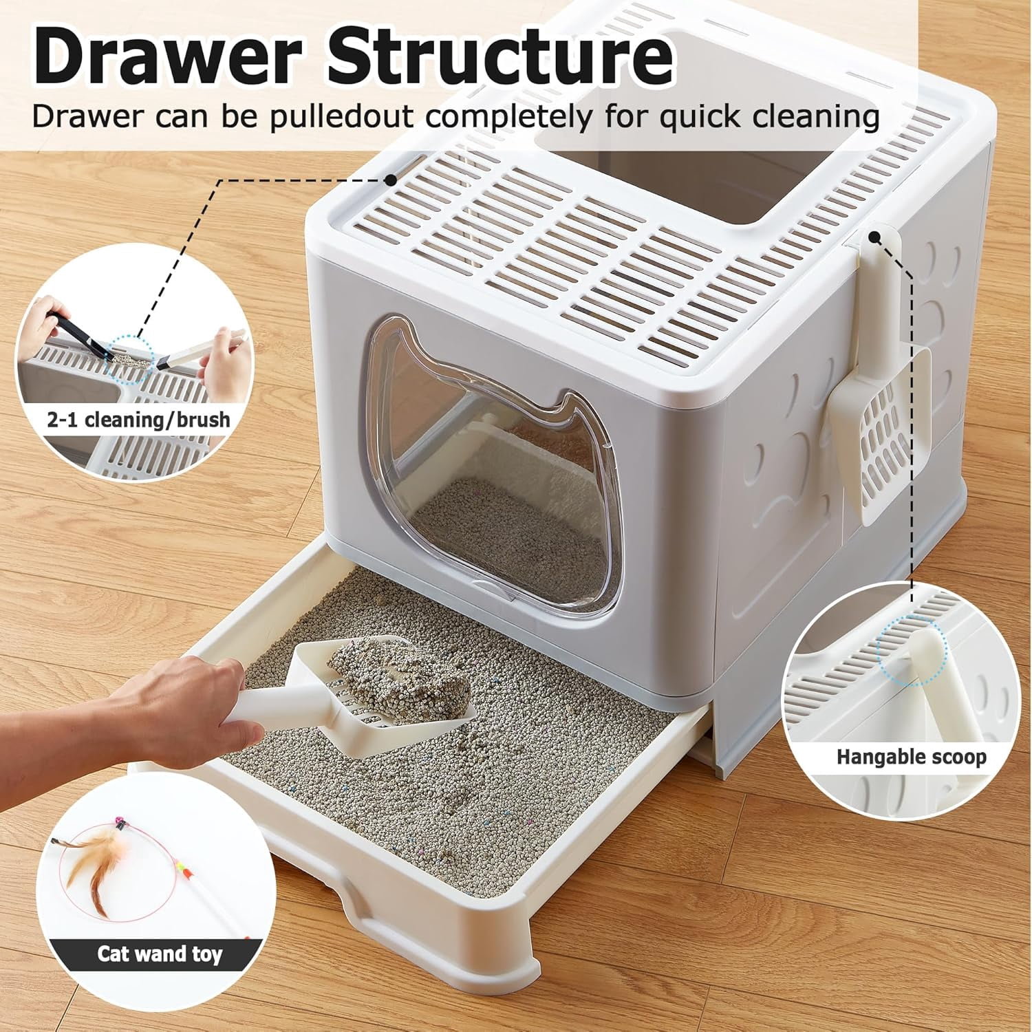 Cat Litter Box with Lid, Top Entry Kitten Litter Box with Controlled Access, Covered Enclosed Cat Potty Odor Control for Small to Medium Cats, Scoop and Clean Brush Included (Grey)