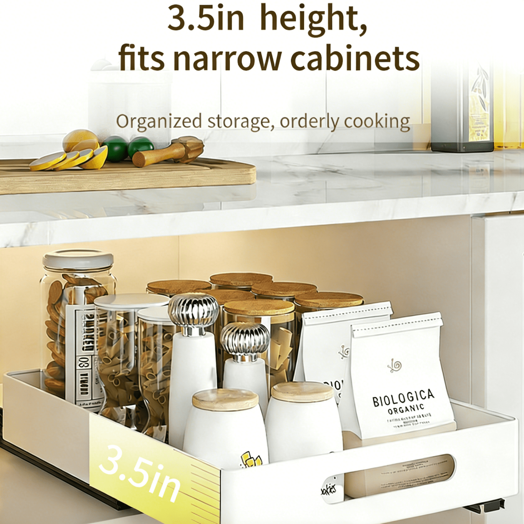 2 Pack Under Sink Pull Out Cabinet Organizer, Drawer Slide Out Storage Basket with Rails, White Single Layer Kitchen Organizer, Large & Small Sink Storage Box for Bathroom Kitchen