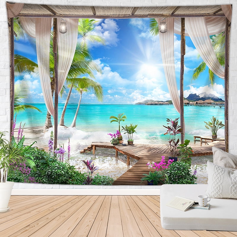 Hongchun 200x150cm Wall Tapestry Turquoise Ocean Wall Hanging Beach Blanket Wall Murals Tropical Island Scenery From Balcony Tapestries Wall Decor For