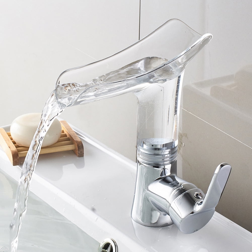 =Glass Spout Waterfall Bathroom Basin Mixer Faucet Sink Taps Deck Mounted 