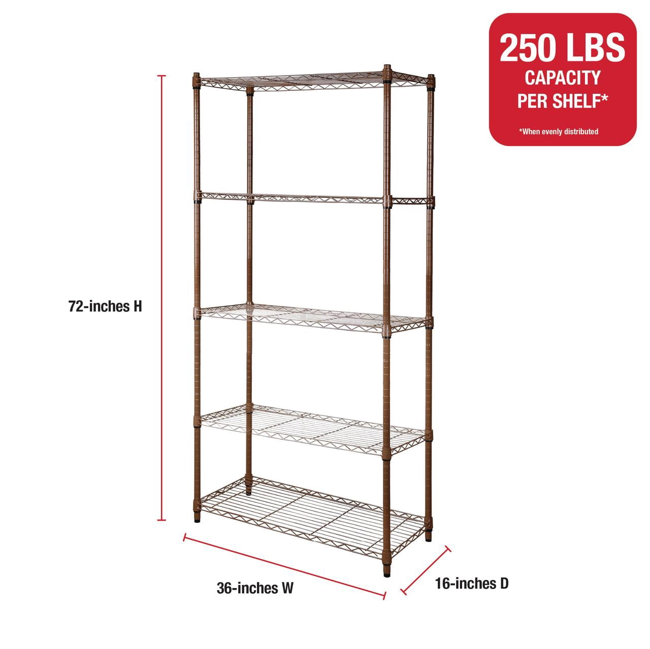Rubbermaid 5-Tier Heavy Duty Rubbed Bronze Wire Shelving Unit, 1250lb Capacity