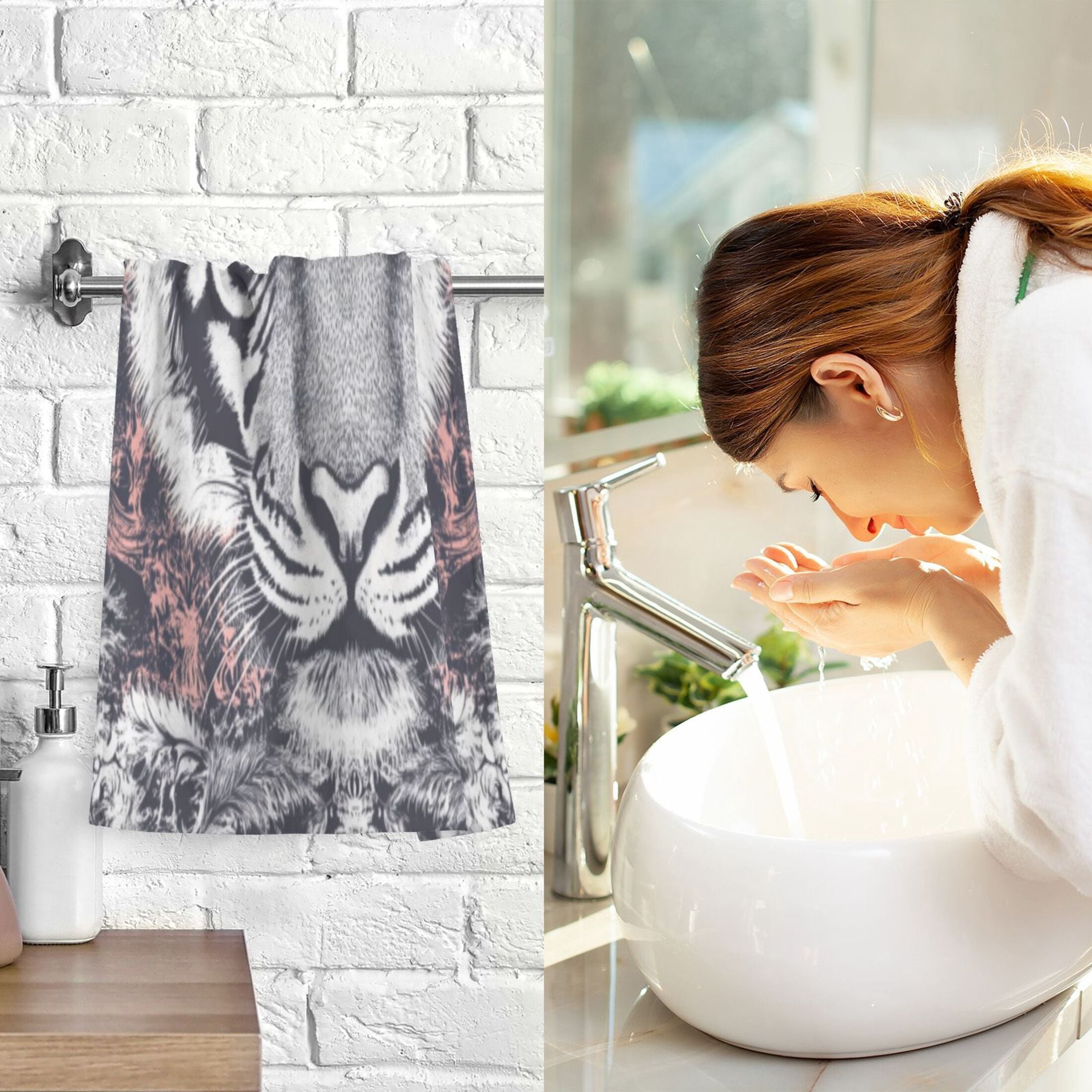 Cotton Towel Two-Piece 16x28 Inch One Sizex2 Face Towel Set Towel Set Cotton Hand Bath Towel Bathroom Beach Black and White Tiger