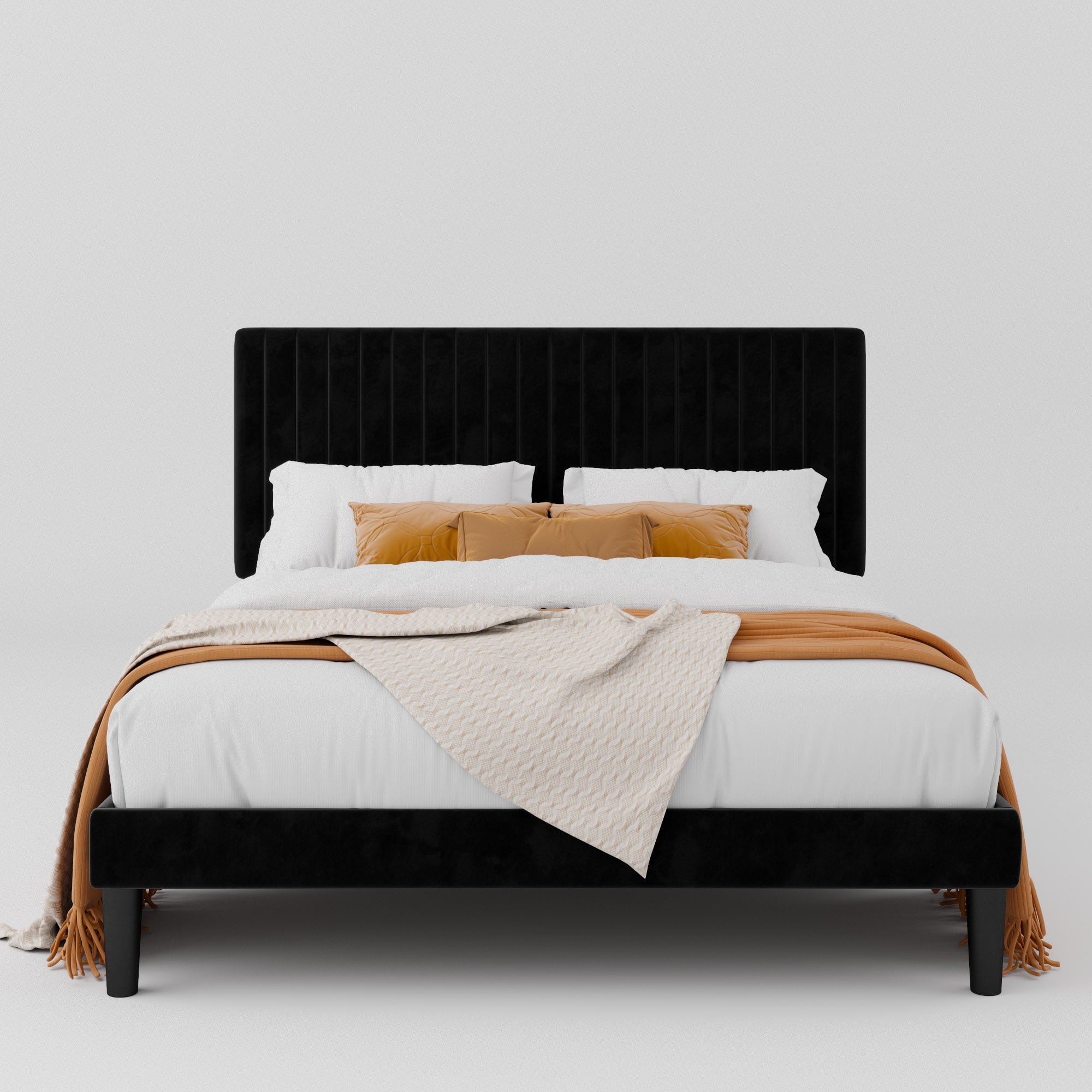 Allewie Full Size Velvet Upholstered Platform Bed Frame with Adjustable Vertical Channel Tufted Headboard, Black