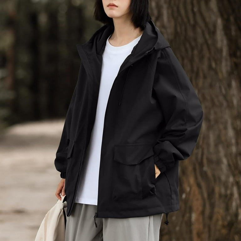 HAPIMO Men Women Oversized Raincoat Hooded Zipper Cargo Jacket