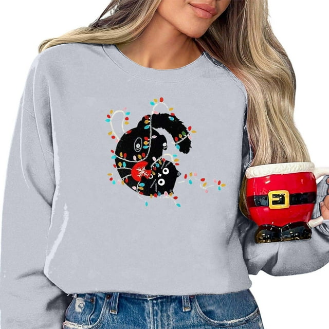 WEAIXIMIUNG Chandails en Molleton Personnalisés Design pour Femmes Mignon Imprimé de Noël Chandail à Capuchon Décontracté Manches Longues Col Rond Chandail pour Vacances