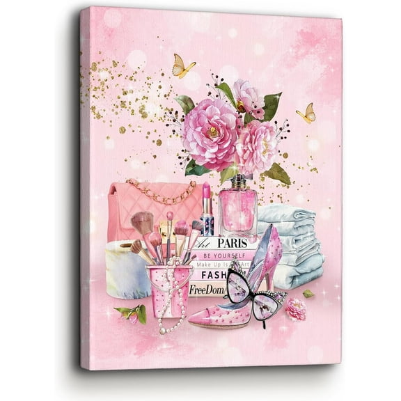 Pink Fashion Wall Art Pink Flower Canvas Pictures Girly Bathroom Wall Decor Glam Handbag Perfume Makeup Room Framed Artwork Painting for Women Bedroom Living Room 12"X16"