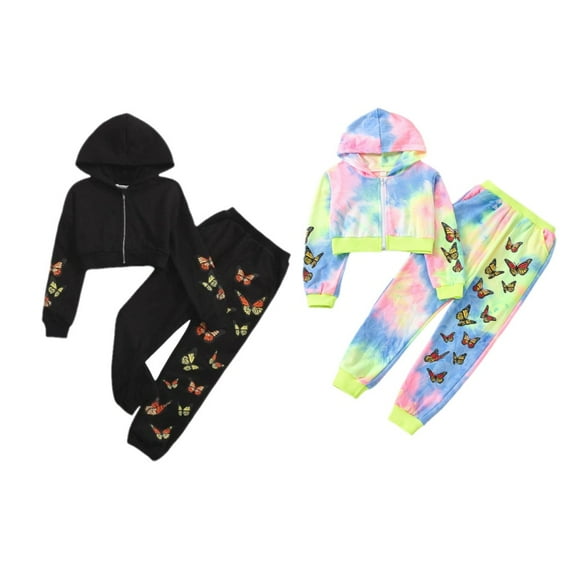 Uccdo 2Pcs Girls Tie Dye Butterfly Tracksuits Long Sleeve Hoodie Zipper Sweatshirt + Sweatpants Kids Spring Outfits Set 6-10 Years
