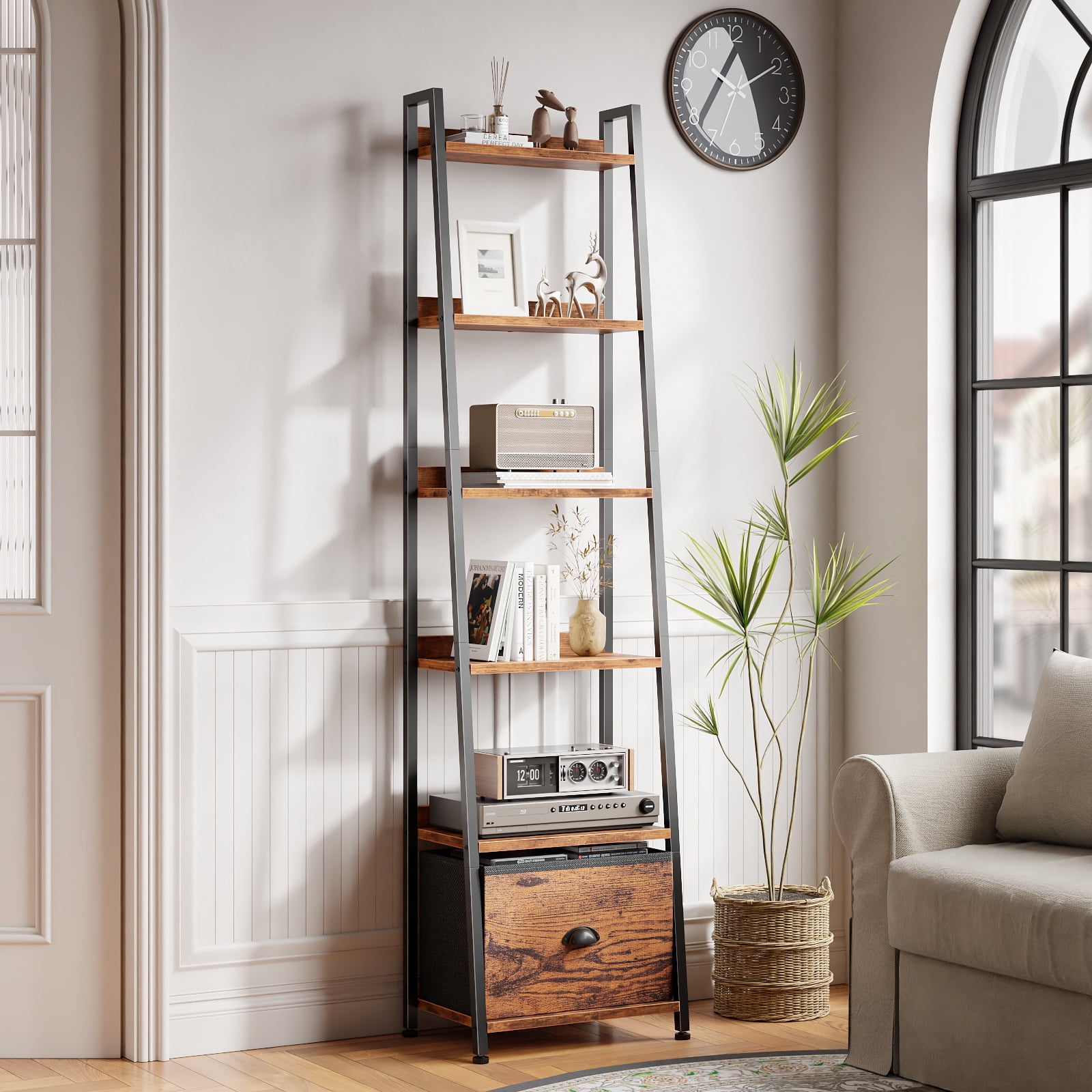 Tydimor 6-Tier Leaning Ladder Bookshelf with Foldable Fabric Drawer, Rustic Brown Leaning Bookcase with Adjustable Foot, Storage Shelves for Home Office Living Room Bedroom