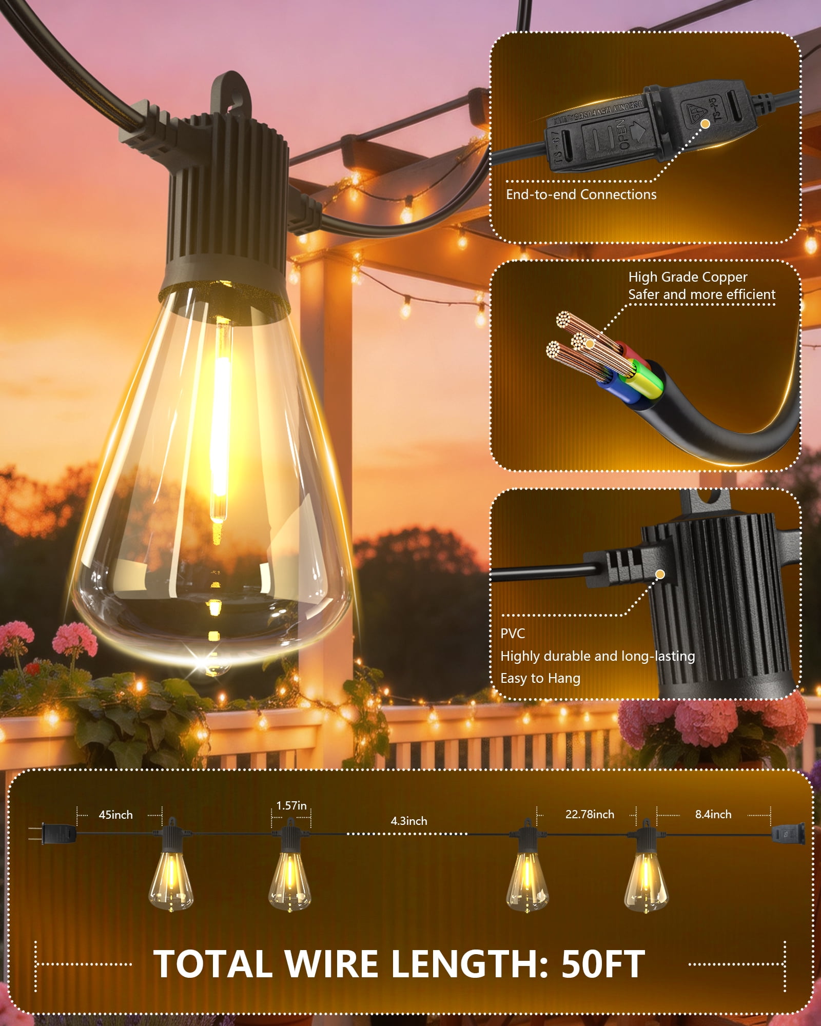 BeatiNeon 50ft ST38 Outdoor String Lights, 25 Bulb Shatterproof Patio Lights with IP65 Waterproof, Connectable Up to 34 Sets, 2700K Warm White for Porch, Yard, ETL Listed