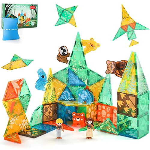 Carreaux Magnétiques Animaux Jungle - 64 Pièces 3D Blocs de Construction pour les Enfants 3-8 - Améliorer l'Imagination / Créativité - Cadeau de Noël d'Anniversaire