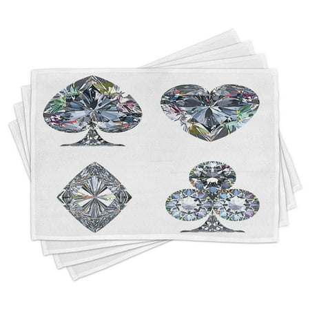 

Diamond Placemats Set of 4 Playing Cards Diamonds Hearts Clubs Spades Casino Theme Charm Art Graphic Design Washable Fabric Place Mats for Dining Room Kitchen Table Decor White Silver by Ambesonne