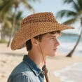 thumbnail image 6 of BadPiggies Straw Cowboy Hat for Men Women Cowgirl Woven Sun Hat Wide Brim Beach Summer Cap Adjustable (Khaki), 6 of 7