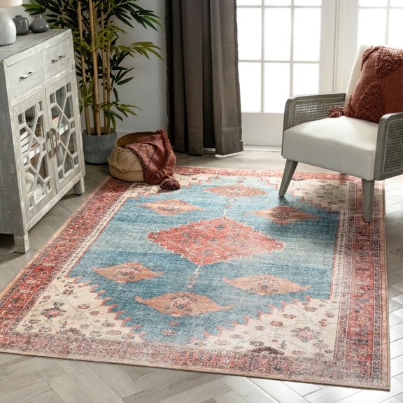 Well Woven Lotus Towne Terra Blue Vintage Medallion Persian 7'10" x 9'10" Machine Washable Flat-Weave Area Rug