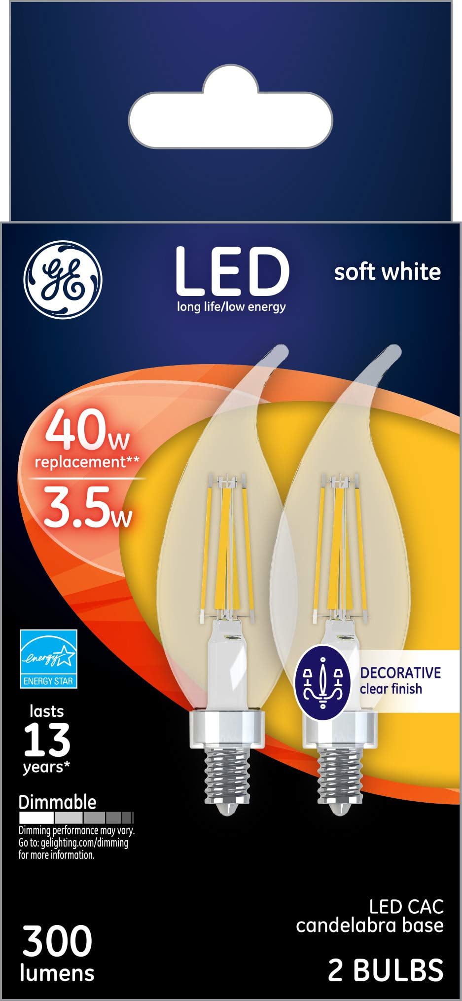 (12 bulbs) GE Lighting 23090 Dimmable Soft White 3.5 (40-watt Replacement), 300-Lumen Light Bulb with Candelabra Base Bent Tip Decorative Candle LED, 12-Pack