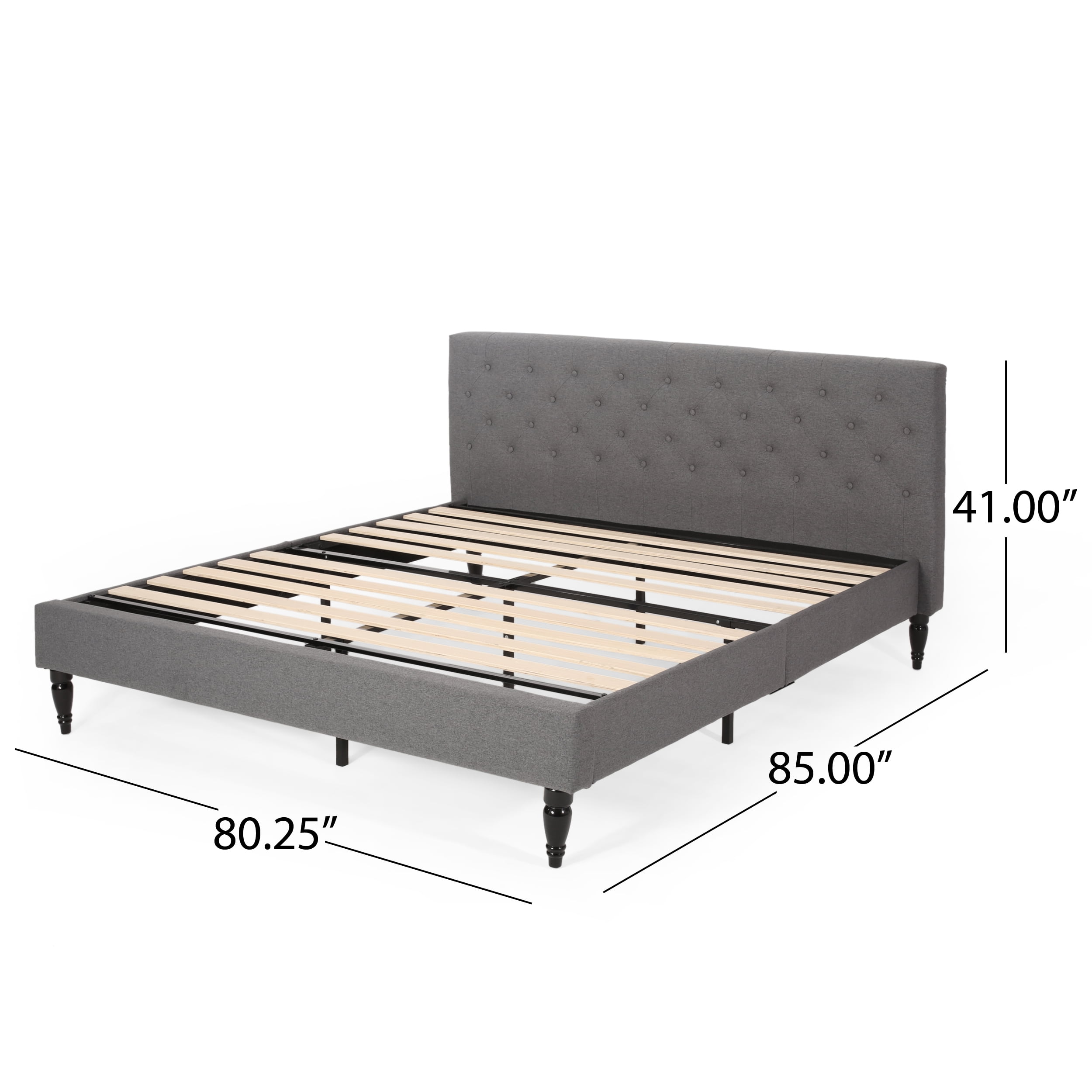Noble House Kwan Contemporary Fully-Upholstered King Fabric Low-Profile Platform Bed Frame, Charcoal Gray, Black