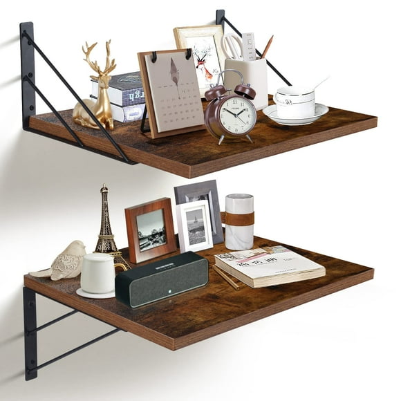 2 Pc Wood Floating Shelves for Wall Decor - 16” x 12” Deep Wall Mounted Hanging Shelves with Iron Brackets; Book Wall Shelf Set;