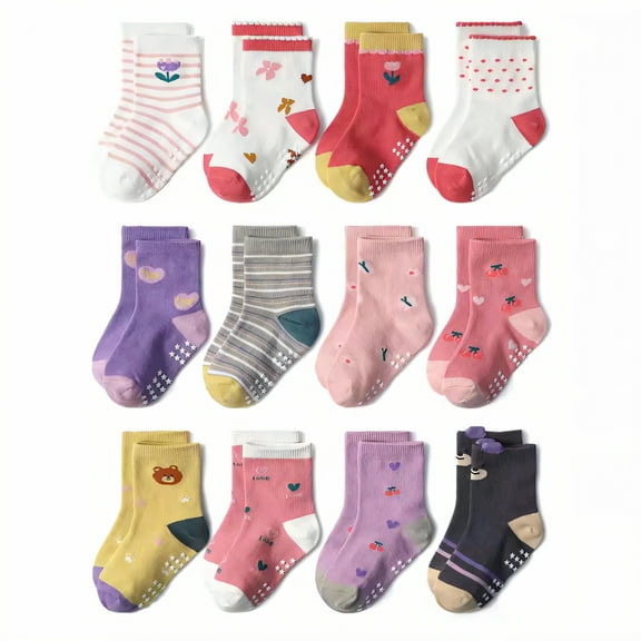 TELOLY 12Pairs Kids Socks,3-5Years Old Non Slip Socks,Wide Cuff, No Tightness Baby Girl Socks,Combination8,L