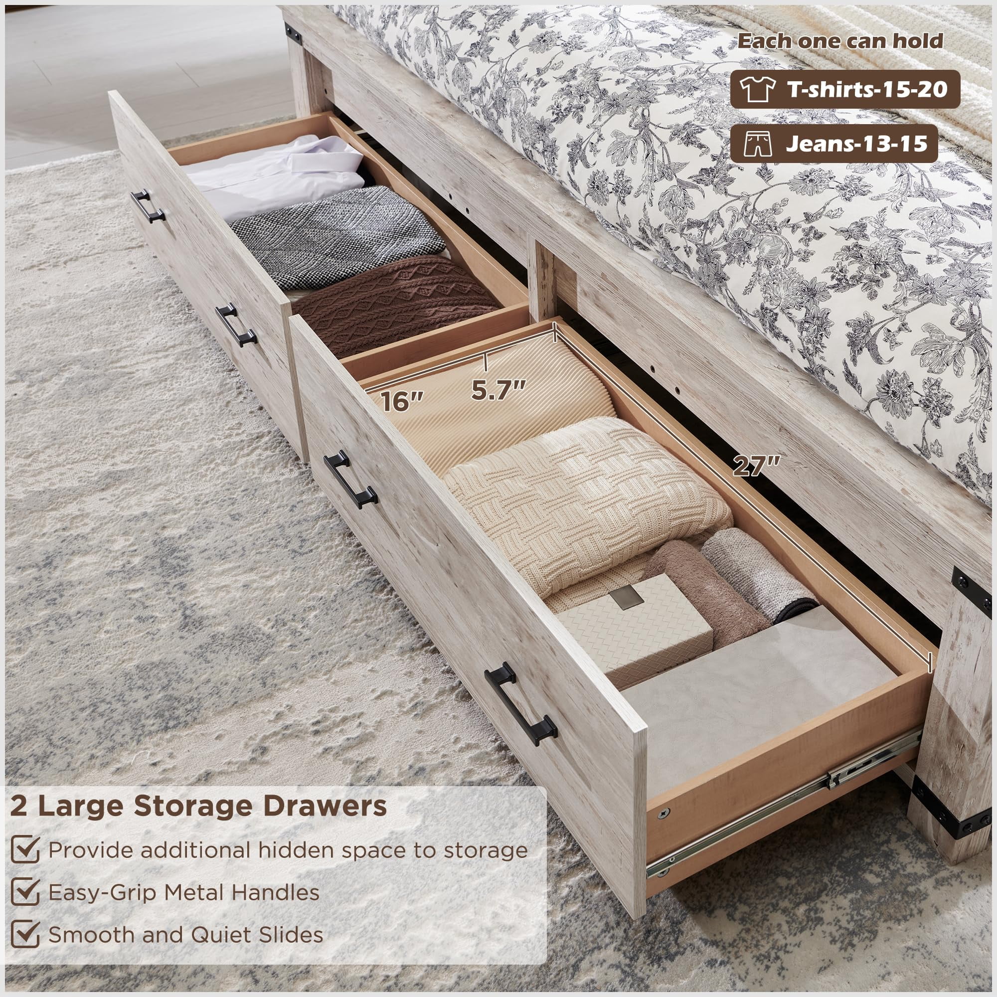 OKD Queen Size Bed Frame W/ 54" Tall Geometric Headboard, Farmhouse Wood Platform Bed W/ 2 Large Storage Drawers, No Box Spring Needed, Antique Brush White