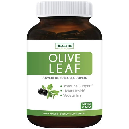 Leaf 60 Vegetarian Capsules - Healths Harmony Olive Leaf Extract Supplement (NON-GMO): 20% Oleuropein - 750mg - Vegetarian - Immune Support, Cardiovascular Health & Antioxidant Supplement - No Oil - 60 Capsules