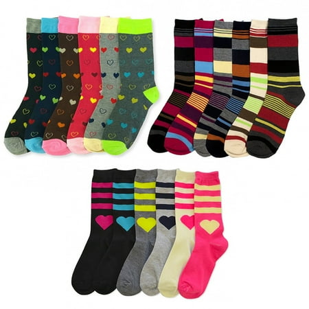 Herringbone Stripe Socks - 6 Pairs Womens Fashion Crew Socks Pattern Stripes Hearts Casual Size 9-11 Unisex